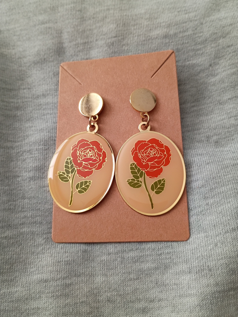 Tiny Deer Studio x Natelle Quek Rose Oval Drop Earrings Gold Red Enamel.